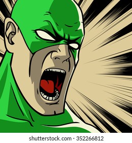 Comic book green stylized superhero. Pop art outline square background. Cry face. Action and power. Print vector illustration. Strong, character.