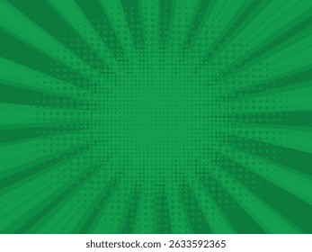 Comic book halftoon achtergrond. Groene zon pop art retro stralen achtergrond.