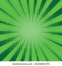 Comic book halftoon achtergrond. Groene zon pop art retro stralen achtergrond.