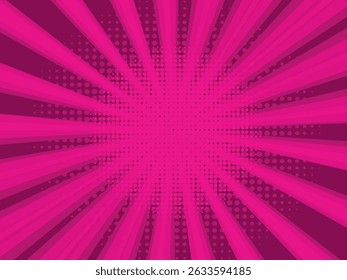 Comic book halftone background. Purple sun pop art retro rays background.