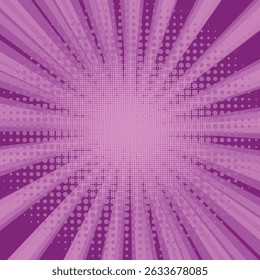 Comic book halftone background. Purple sun pop art retro rays background.