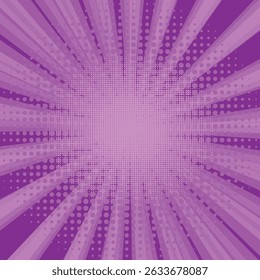 Comic book halftone background. Purple sun pop art retro rays background.