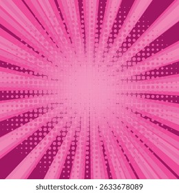 Comic book halftone background. Purple sun pop art retro rays background.