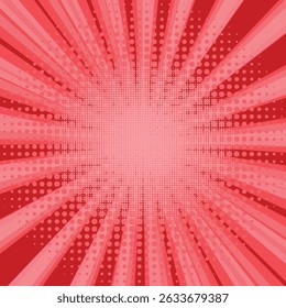 Comic book halftone background. Red sun pop art retro rays background.