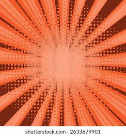 Comic book halftone background. Red sun pop art retro rays background.