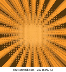 Comic book halftone background. Yellow orange sun pop art retro rays background.
