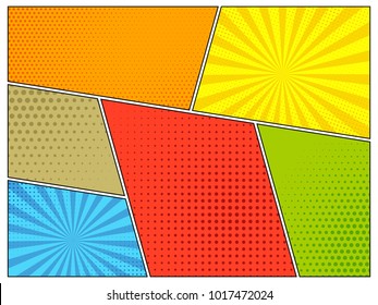 Comic book halftone effect template set with radial background,blue orange green and yellow, vector illustration eps 10.