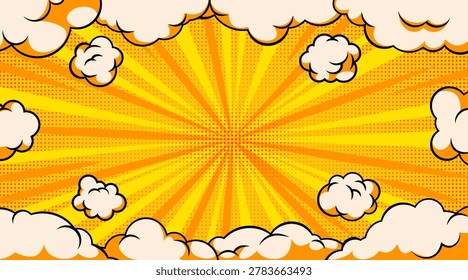 Comic book halftone sky background with pop art bursting clouds, vector illustration. Dynamic cartoon sky explosion with radiation graphic effect, super hero retro banner