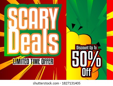 Comic book Halloween sale social media post design. Cartoon colored holiday poster template. Vector comics premium backdrop illustration.