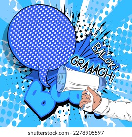 Comic Buch Hand, die Megaphone hält. Cartoon-Illustration eines Lautsprechers auf blauem Comichintergrund. Pop Art Ankündigungskonzept.