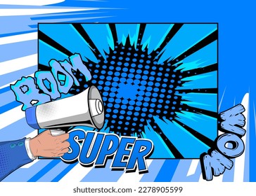 Comic book hand holding Megaphone. Cartoon illustration of a Loudspeaker on blue comics background. Pop Art announcement message concept.