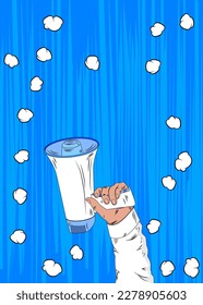 La mano de la historieta sostiene a Megaphone. Ilustración de caricatura de un altavoz sobre fondo de historietas azules. Concepto de mensaje de anuncio de Pop Art.