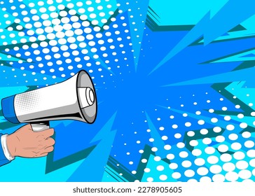 La mano de la historieta sostiene a Megaphone. Ilustración de caricatura de un altavoz sobre fondo de historietas azules. Concepto de mensaje de anuncio de Pop Art.