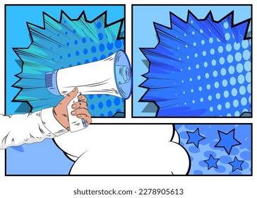 Comic book hand holding Megaphone. Cartoon illustration of a Loudspeaker on blue comics background. Pop Art announcement message concept.