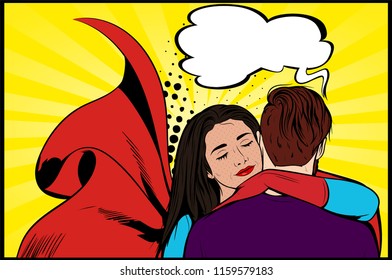 Comic Book Hero Super woman with red gloves and cape hugging young man. Romantic, youth and love, feelings get stronger. Retro vintage illustration, vector eps