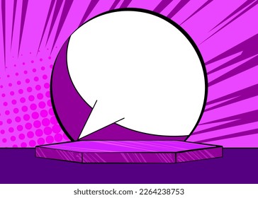 Comic Book Hexagonal Purple Product podium for mockup presentation. Cartoon Graphic Stage Presentation. Vector Showcase Illustration.