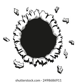 Agujero de cómic en estilo para colorear. El papel de Vector se rasga a través de la explosión del auge. Agujero de círculo en el medio sobre fondo de color. Plantilla de cubierta de estilo cómico o Fondos de pantalla de volante