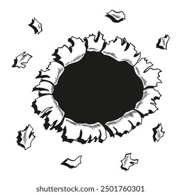 Comic book hole in coloring style. Vector paper is torn through boom explosion. Circle hole in the middle on color background. Comic style cover template or flyer wallpapers
