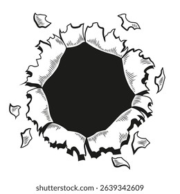 Comic book hole in coloring style. Vector paper is torn through boom explosion. Circle hole in the middle on color background. Comic style cover template or flyer wallpapers