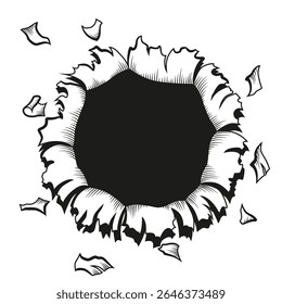 Agujero de cómic en estilo para colorear. El papel de Vector se rasga a través de la explosión del auge. Agujero de círculo en el medio sobre fondo de color. Plantilla de cubierta de estilo cómico o Fondos de pantalla de volante