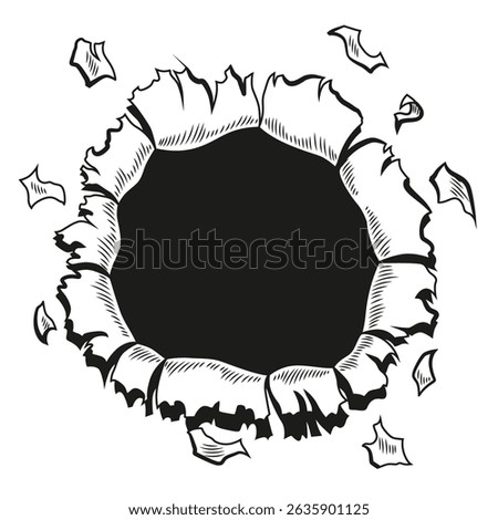 Comic book hole in coloring style. Vector paper is torn through boom explosion. Circle hole in the middle on color background. Comic style cover template or flyer wallpapers
