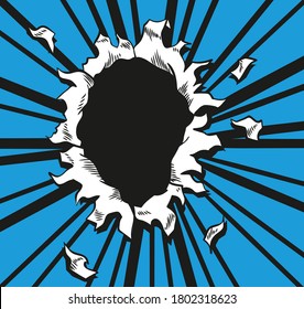 Comic book hole. Vector paper is torn through boom explosion. Circle hole in the middle on blue background. Comics style cover template or flyer wallpaper