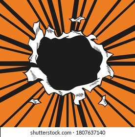 Comic book hole. Vector paper is torn through boom explosion. Circle hole in the middle on orange background. Comics style cover template or flyer wallpaper