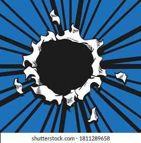 Comic Book Hole. Vector Paper Is Torn Through Boom Explosion. Circle Hole In The Middle On Blue Background. Comics Style Cover Template Or Flyer Wallpaper