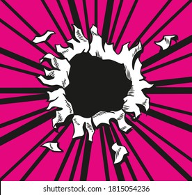 Comic book hole. Vector paper is torn through boom explosion. Circle hole in the middle on pink background. Comics style cover template or flyer wallpaper