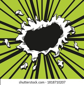 Comic book hole. Vector paper is torn through boom explosion. Circle hole in the middle on green background. Comics style cover template or flyer wallpaper