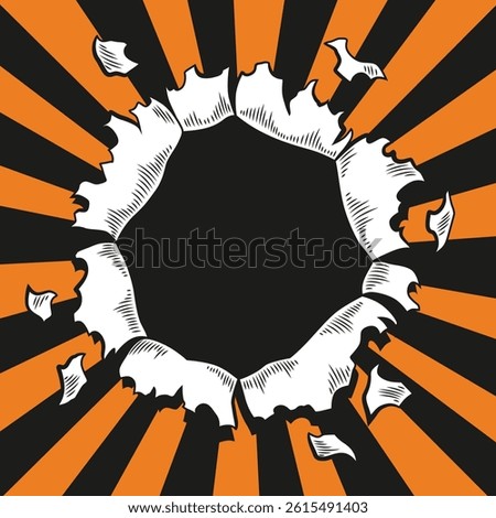 Comic book hole. Vector paper is torn through boom explosion. Circle hole in the middle on color background. Comic style cover template or flyer wallpapers