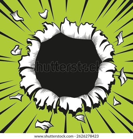 Comic book hole. Vector paper is torn through boom explosion. Circle hole in the middle on color background. Comic style cover template or flyer wallpapers
