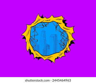 Comic book a hole in the wall with the city visible from it, hand drawn vector illustration 