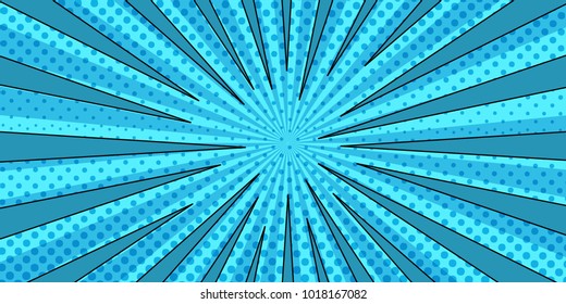 Comic book horizontal background with blue rays radial and halftone effects. Vector illustration