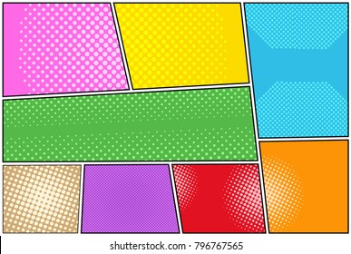 Comic book horizontal background with different dotted and halftone effects in various colors. Vector illustration