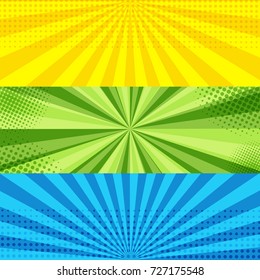 Comic book horizontal banners with radial and halftone effects in yellow, green and blue colors. Vector illustration