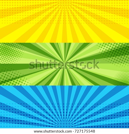 Comic book horizontal banners with radial and halftone effects in yellow, green and blue colors. Vector illustration