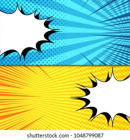 Comic book horizontal banners with white speech bubbles halftone rays dotted radial effects in blue and yellow colors. Vector illustration