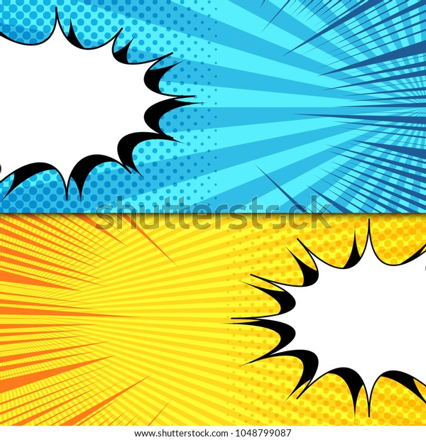 Comic book horizontal banners with white\
speech bubbles halftone rays dotted radial effects in blue and\
yellow colors. Vector\
illustration
