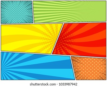 Comic book horizontal bright background with different humor effects in pop-art style. Blank template. Vector illustration