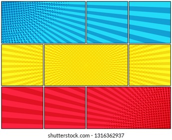 Comic book horizontal template with radial and halftone effects in blue yellow red colors. Vector illustration
