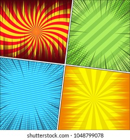 Comic book humor template with four scenes, rays, radial, slanted lines, dotted and halftone effects in bright colors. Vector illustration