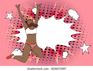 Comic book illustrated happy bikini woman jumping of joy. Portrait of cheerful positive girl. Excited female doing a jump with raised fists. Life people weight loss success lifestyle concept.