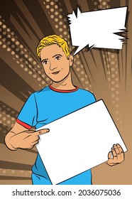 Comic book illustrated happy man holding a blank board. Portrait of cheerful positive guy. Excited male showing an empty banner. People business success concept.