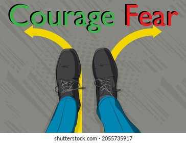 Comic book illustrated vector image of legs in boots on Courage and fear text with arrows . Feet shoes walking.