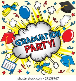 Comic book inspired party invitation with diploma, cap and balloons!