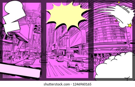 Comic book layout template,speech bubbles on a city backgrounds. Design industry for posters, placards,banners, flyers. Hand drawn illustration.