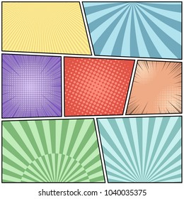 Comic book light background with halftone rays dotted radial effects in pop-art style. Vector illustration
