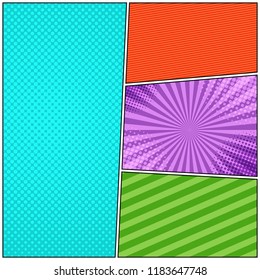 Comic book light background with halftone radial slanted lines effects in bright colors. Vector illustration