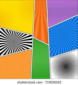 Comic book light background with radial, dotted and halftone effects in different colors and pop art style. Vector illustration